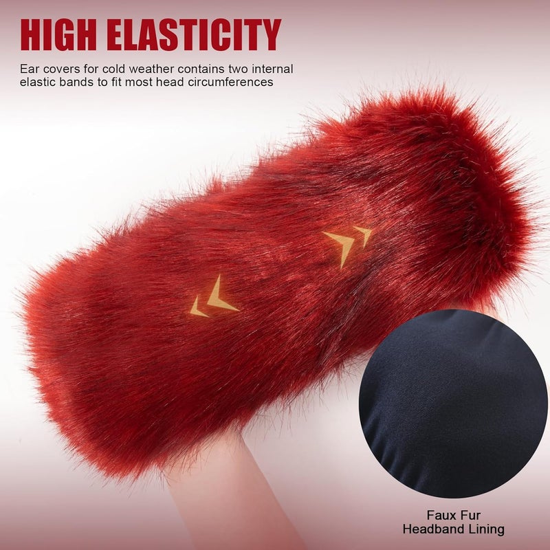 RANOME Faux Fur Headband for Women Elastic Fuzzy Thick Earmuffs Winter Headwrap Ear Muffs Furry Ear Warmers Cold Weather (Red) - Image 3